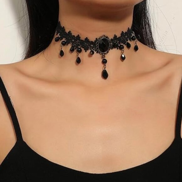 Black Lace Gothic Choker Necklace – Vampire Costume Jewelry - Picture 2 of 7